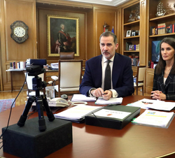 Sus Majestades los Reyes durante la videoconferencia con el presidente Consejo General Colegios Oficales de Médicos