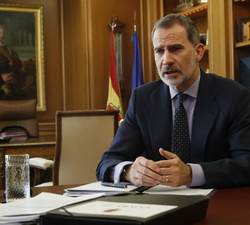 Su Majestad el Rey durante la videoconferencia con los responsables del Instituto de la Ingeniería de España