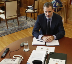 El Rey durante el desarrollo de la videoconferencia con los responsables del Instituto de la Ingeniería de España