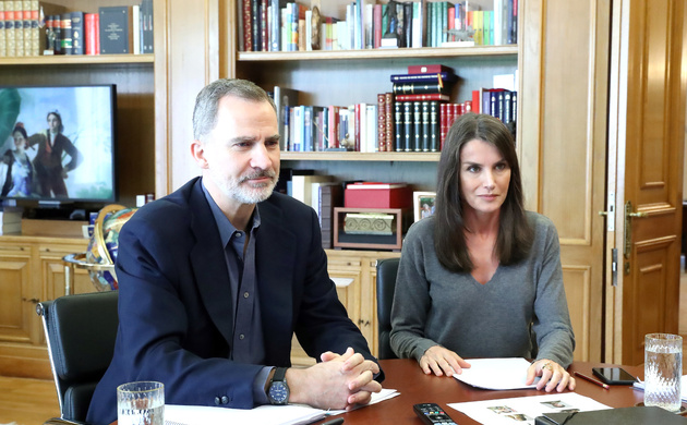 Don Felipe y Doña Letizia durante el desarrollo de la videoconferencia con los representantes de la nueva generación de literatura joven española