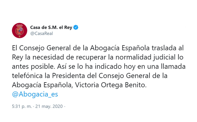 El Consejo General de la Abogacía Española traslada al Rey la necesidad de recuperar la normalidad judicial lo antes posible