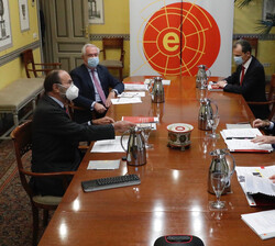 Sus Majestades los Reyes conversan sobre la situación sanitaria con miembros del Consejo Científico del Real Instituto Elcano