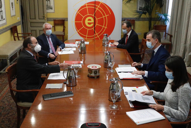 Sus Majestades los Reyes conversan sobre la situación sanitaria con miembros del Consejo Científico del Real Instituto Elcano