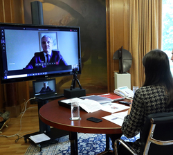 Don Felipe y Doña Letizia al inicio de la videoconferencia con la Confederación Española de Agencias de Viajes