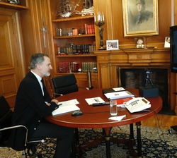 Su Majestad el Rey durante la videoconferencia con la Asociación Nacional de Productores de Ganado Porcino (ANPROGAPOR)