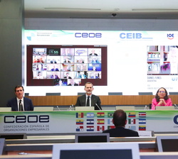 Su Majestad el Rey durante el diálogo con 23 presidentes de organizaciones empresariales de CEIB-OIE y la SEGIB, en presencia de la ministra de Indust