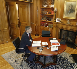 Su Majestad el Rey durante la videoconferencia con una representación del Instituto para el Desarrollo e Integración de la Sanidad - IDIS