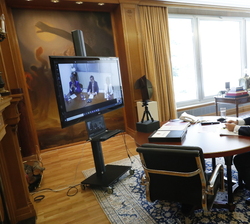 Su Majestad el Rey se informa durante la videoconferencia con una representación del Instituto para el Desarrollo e Integración de la Sanidad - IDIS