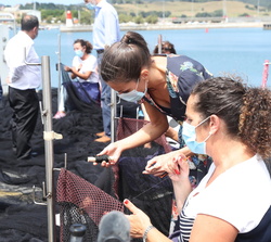 Doña Letizia observa el proceso de reparación de las redes de pesca en la Lonja