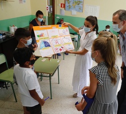 Don Felipe y Doña Letizia y sus hijas, Doña Leonor y Doña Sofía conversan sobre uno de los trabajos con los alumnos