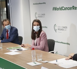 Doña Letizia durante la reunión mantenida en la sede de la Asociación Española Contra el Cáncer acompañada por el ministro de Ciencia e Innovación y e
