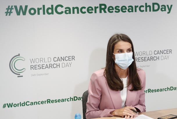Su Majestad la Reina en un momento de la videoconferencia mantenida en la sede de la Asociación Española Contra el Cáncer