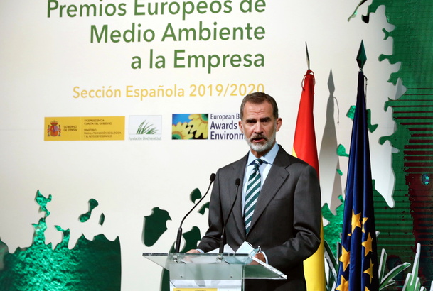 Su Majestad el Rey durante su intervención en la entrega de los “Premios Europeos de Medio Ambiente a la Empresa” 2019/2020
