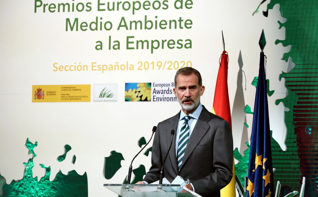 Su Majestad el Rey durante su intervención en la entrega de los “Premios Europeos de Medio Ambiente a la Empresa” 2019/2020
