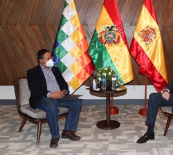 Su Majestad el Rey conversa con el Presidente electo del Estado Plurinacional de Bolivia, Luis Arce Catacora