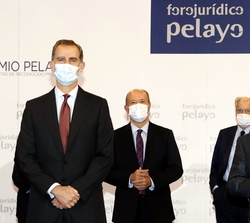 Fotografía de grupo de Su Majestad el Rey con el galardonado y las autoridades asistentes