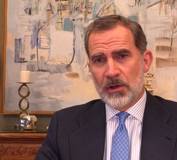 Su Majestad el Rey dirige unas palabras durante su intervención telemática durante la sesión inaugural del V Foro Regional de la Unión por el Mediterr