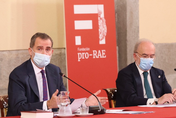 Su Majestad el Rey durante su intervención en la reunión del Patronato de la Fundación Pro Real Academia Española