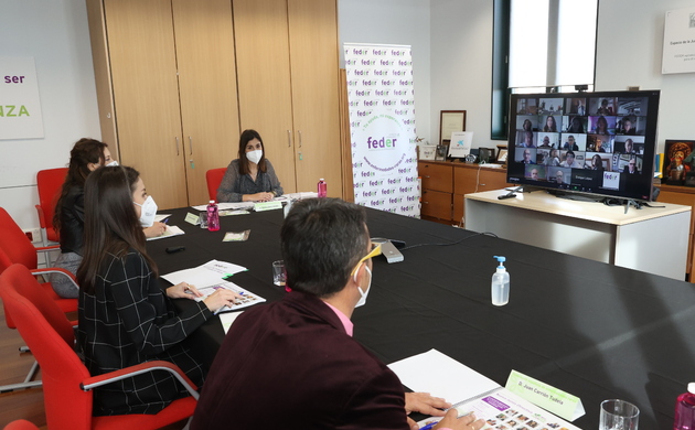 Doña Letizia en la reunión de trabajo de FEDER con sus asistentes presenciales y por videoconferencia