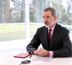Su Majestad el Rey durante la videoconferencia con el Sr. Matt Brittin, presidente de Google Business & Operations para Europa, Oriente Medio y Áf