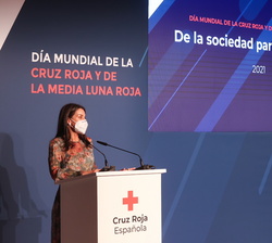 Su Majestad la Reina durante su intervenciñón en el “Día Mundial de la Cruz Roja y de la Media Luna Roja 2021”
