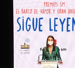 Su Majestad la Reina durante su intervención en la entrega de la 43ª edición de los Premios SM de Literatura Infantil y Juvenil “El Barco de Vap