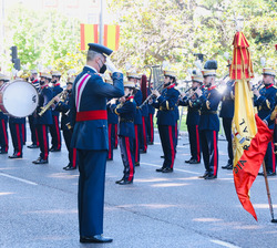 Su Majestad el Rey saluda a la Bandera durante la revista a las tropas