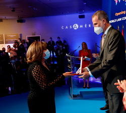 Don Felipe hace entrega de la medalla a Rosario Silva de Lapuerta, vicepresidenta del Tribunal de Justicia de la Unión Europea (España)
