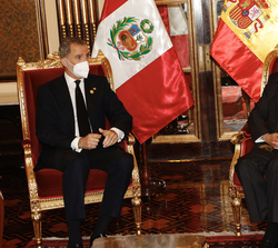 Su Majestad el Rey durante el encuentro con el presidente de la República del Perú, Francisco Sagasti