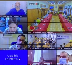 Pantalla con los distintos medios que participan en la reunión con el Comité Técnico del Plan de Emergencias Volcánicas de Canarias