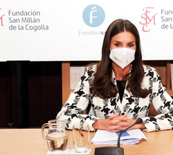 Su Majestad la Reina en la mesa de reuniones situada en la Biblioteca