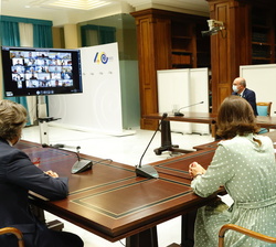 Su Majestad el Rey durante la videoconferencia con representantes del Plan de Emergencias Volcánicas de Canarias