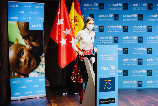 Su Majestad la Reina durante su intervención con motivo del 75 aniversario de UNICEF