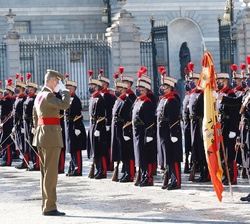 El Rey a su paso ante la Enseña Nacional
