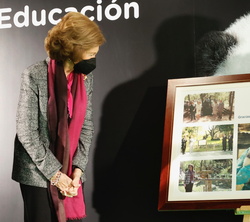 Su Majestad la Reina Doña Sofía observa un cuadro con imagenes de sus diferentes visitas al Zoo de Madrid a lo largo de los años