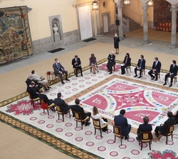 Don Felipe durante la audiencia con el Comité Científico del Observatorio Permanente del Hispanismo, Equipo Operativo y miembros del Círculo de Protec
