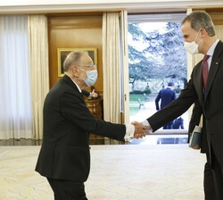 El Rey es saludado por Javier Solana Madariaga, patrono electivo de la Fundación Carlos de Amberes, antes de la audiencia mantenida en el Palacio de L