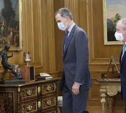 Don Felipe y Tomás Cobo Castro, presidente del Consejo General de Colegios Oficiales de Médicos de España, se dirigen al despacho del Rey