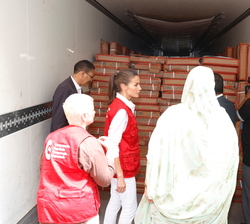 Doña Letizia comienza su visita al Proyecto de distribución de pescado desde el camión a la sala de conservación