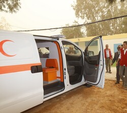 Doña Letizia se dirige a ver una ambulacia durante su visita al Centro de Emergencia 