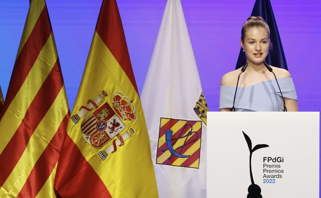 Su Alteza Real la Princesa de Asturias y de Girona durante su intervención en la ceremonia de entrega de los “Premios Fundación Princesa de Girona 202