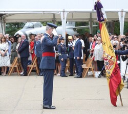 Durante la revista a las tropas, Su Majestad el Rey saluda a la Bandera