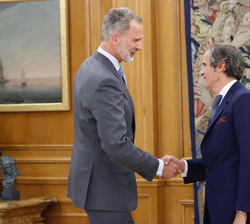 Don Felipe recibe el saludo del director general del Organismo Internacional de Energía Atómica, Mariano Grossi