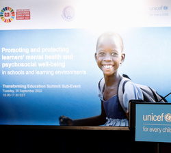 Su Majestad la Reina durante su intervención en la reunión de alto nivel organizada por UNICEF, la UNESCO y la OMS dentro de la semana de la Asamblea 