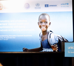 Su Majestad la Reina durante su intervención en la reunión de alto nivel organizada por UNICEF, la UNESCO y la OMS dentro de la semana de la Asamblea 
