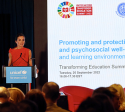 Su Majestad la Reina durante su intervención en la reunión de alto nivel organizada por UNICEF, la UNESCO y la OMS dentro de la semana de la Asamblea 