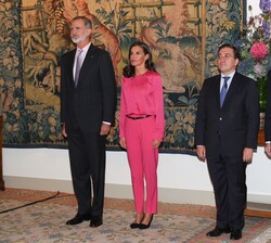 Sus Majestades los Reyes durante el himno nacional en la embajada de España en la República Federal de Alemania