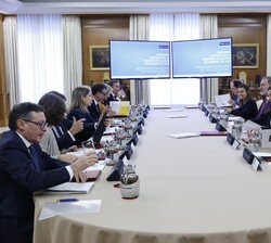 Mesa de la reunión de la Comisión Delegada de la FPdGI, bajo la presidencia de Sus Majestades los Reyes