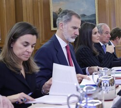 Sus Majestades los Reyes en el transcurso de su reunión con la Comisión Delegada de la FPdGI