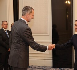 Su Majestad el Rey recibe el saludo de los empresarios con empresa en Catar, asistentes al encuentro